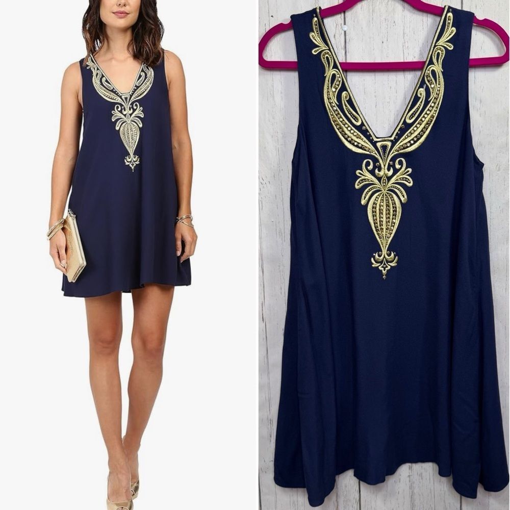 Lilly Pulitzer Navy Gold Embellished V Neck Mini Dress S Resort Glam Vacation
